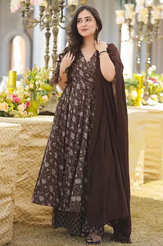 Coffee digital printed maslin traditional gown set with dupatta