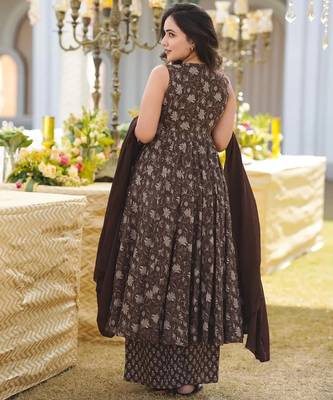 Coffee digital printed maslin traditional gown set with dupatta 3