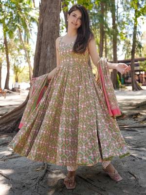 Mehendi digital printed maslin traditional gown set with dupatta 1