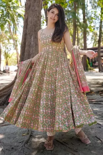 Mehendi digital printed maslin traditional gown set with dupatta
