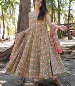 Mehendi digital printed maslin traditional gown set with dupatta