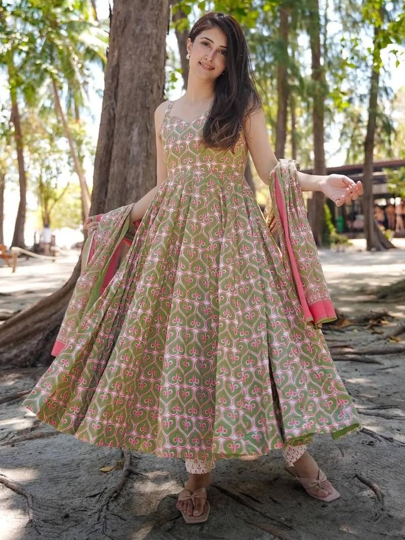 Mehendi digital printed maslin traditional gown set with dupatta