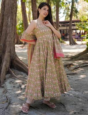 Mehendi digital printed maslin traditional gown set with dupatta 2