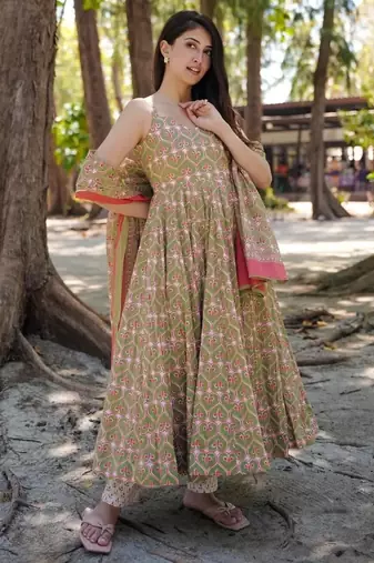 Mehendi digital printed maslin traditional gown set with dupatta