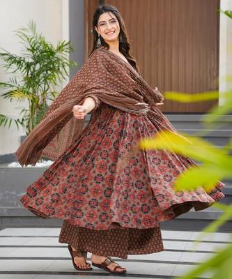 Brown digital printed maslin traditional gown set with dupatta 1