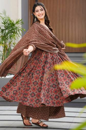 Brown digital printed maslin traditional gown set with dupatta