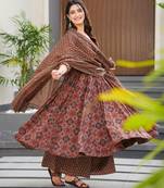 Brown digital printed maslin traditional gown set with dupatta