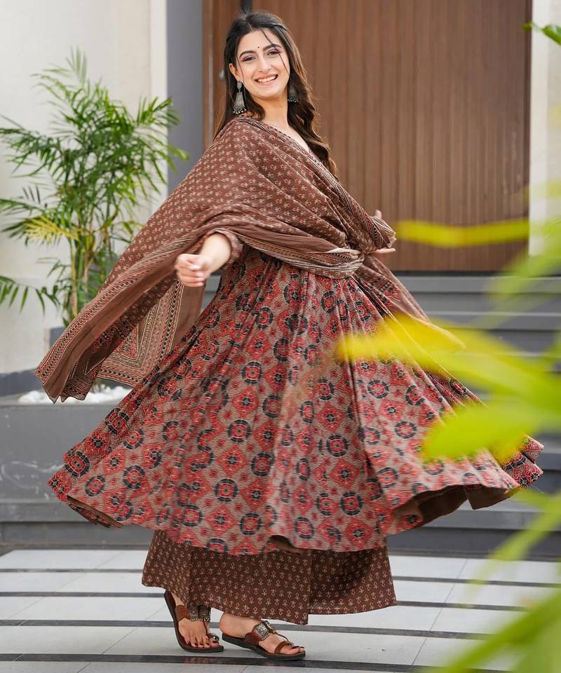 Brown digital printed maslin traditional gown set with dupatta
