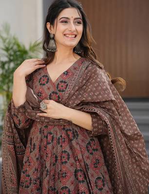 Brown digital printed maslin traditional gown set with dupatta 2