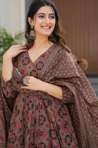 Brown digital printed maslin traditional gown set with dupatta