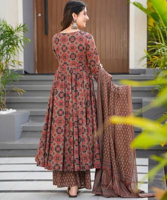 Brown digital printed maslin traditional gown set with dupatta 3