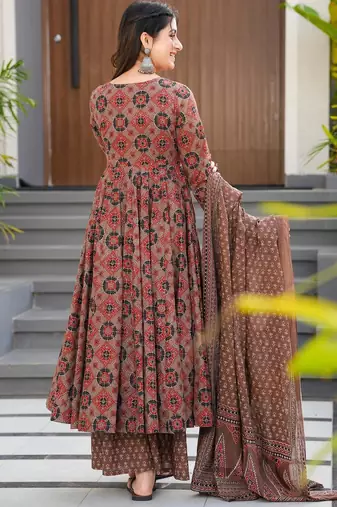 Brown digital printed maslin traditional gown set with dupatta