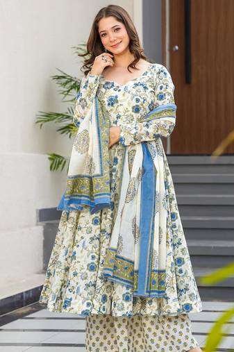 Multicolor digital printed maslin traditional gown set with dupatta