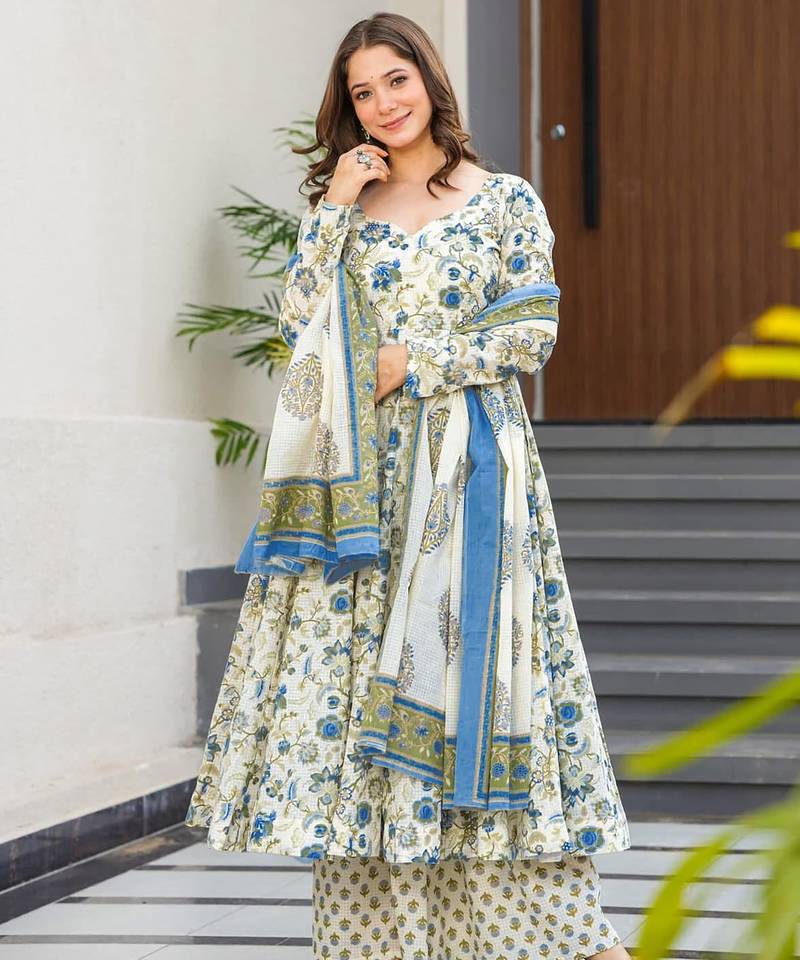 Multicolor digital printed maslin traditional gown set with dupatta