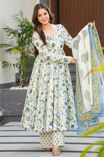 Multicolor digital printed maslin traditional gown set with dupatta
