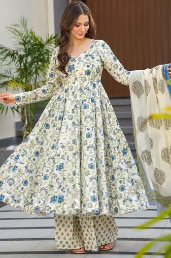 Multicolor digital printed maslin traditional gown set with dupatta