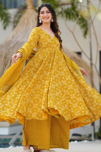Yellow digital printed maslin traditional gown set with dupatta