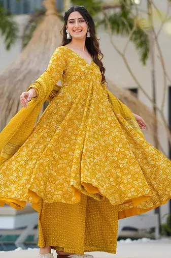 Yellow digital printed maslin traditional gown set with dupatta