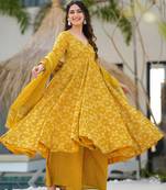 Yellow digital printed maslin traditional gown set with dupatta