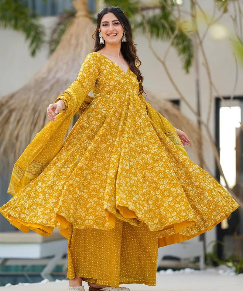 Yellow digital printed maslin traditional gown set with dupatta