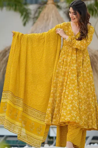 Yellow digital printed maslin traditional gown set with dupatta