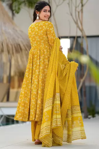 Yellow digital printed maslin traditional gown set with dupatta