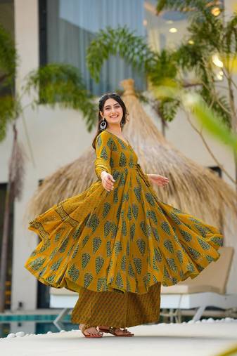 Mustard digital printed maslin traditional gown set with dupatta