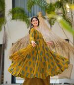 Mustard digital printed maslin traditional gown set with dupatta