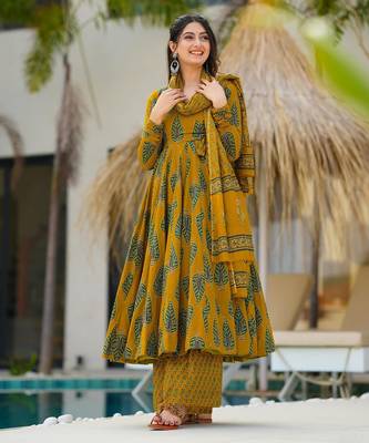 Mustard digital printed maslin traditional gown set with dupatta 2