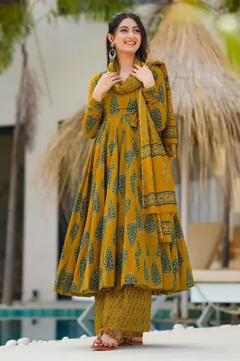 Mustard digital printed maslin traditional gown set with dupatta