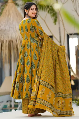 Mustard digital printed maslin traditional gown set with dupatta