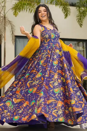 Purple digital printed silk traditional anarkali gown with dupatta