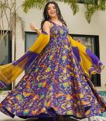Purple digital printed silk traditional anarkali gown with dupatta