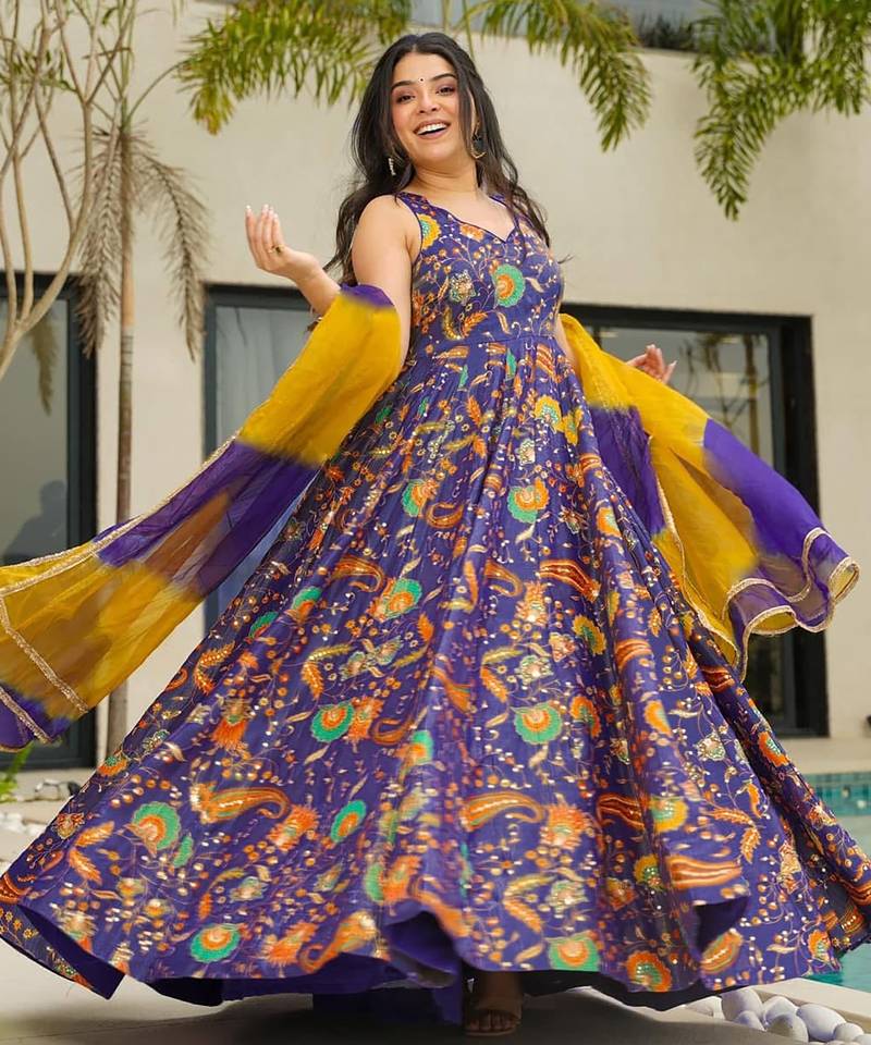 Purple digital printed silk traditional anarkali gown with dupatta
