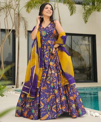 Purple digital printed silk traditional anarkali gown with dupatta 2