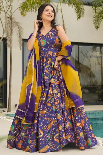 Purple digital printed silk traditional anarkali gown with dupatta