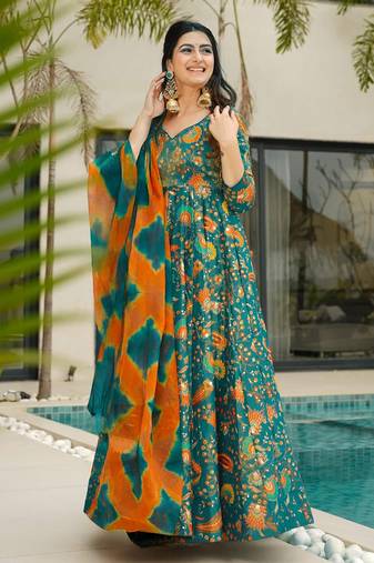 Teal digital printed silk traditional anarkali gown with dupatta