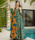 Teal digital printed silk traditional anarkali gown with dupatta