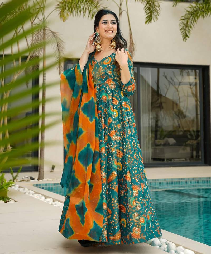 Teal digital printed silk traditional anarkali gown with dupatta