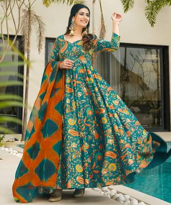 Teal digital printed silk traditional anarkali gown with dupatta 2