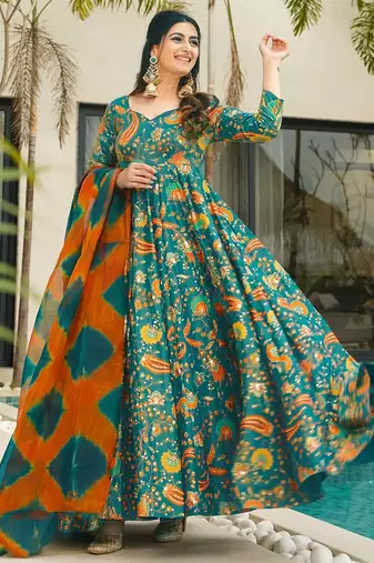 Teal digital printed silk traditional anarkali gown with dupatta