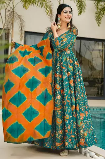 Teal digital printed silk traditional anarkali gown with dupatta