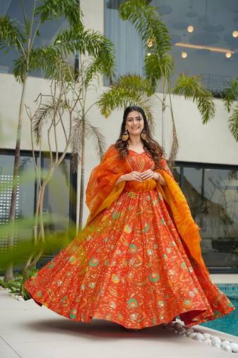 Orange digital printed silk traditional anarkali gown with dupatta