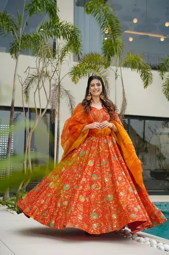 Orange digital printed silk traditional anarkali gown with dupatta