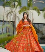 Orange digital printed silk traditional anarkali gown with dupatta