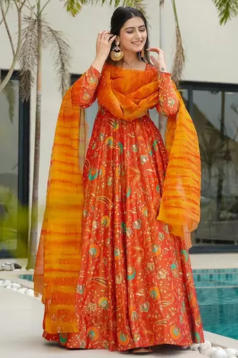Orange digital printed silk traditional anarkali gown with dupatta