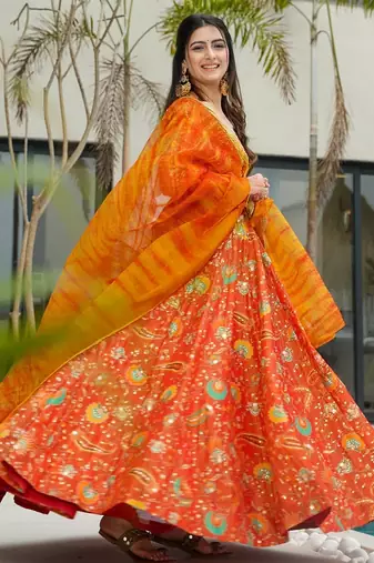 Orange digital printed silk traditional anarkali gown with dupatta