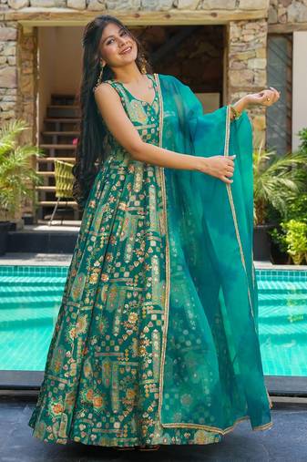 Teal digital printed silk traditional anarkali gown with dupatta