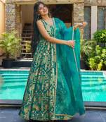 Teal digital printed silk traditional anarkali gown with dupatta