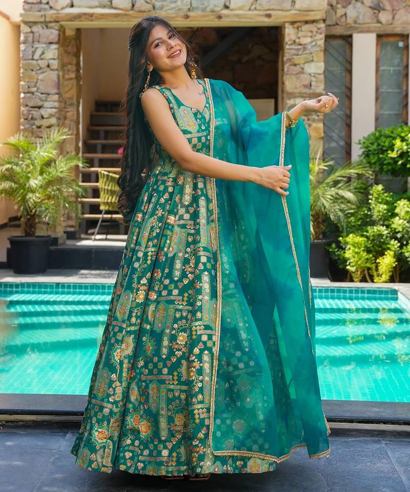 Teal digital printed silk traditional anarkali gown with dupatta